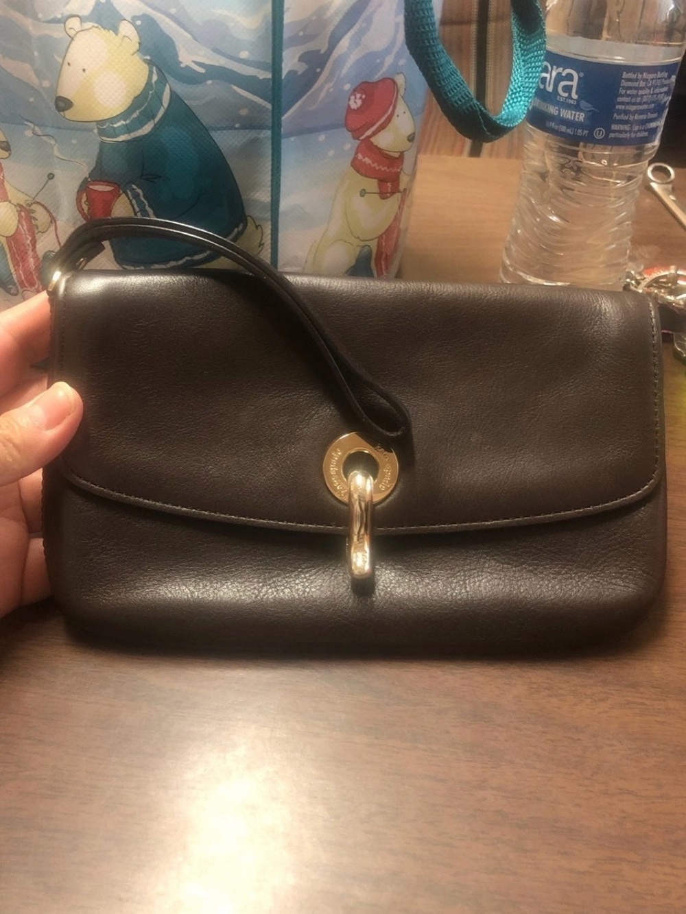 kate spade Black Leather Wristlet Clutch with Gold Ring Accent